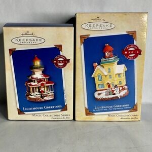 Lot of 2 Hallmark Keepsake Ornament Magic Flashing Light Lighthouse Greetings